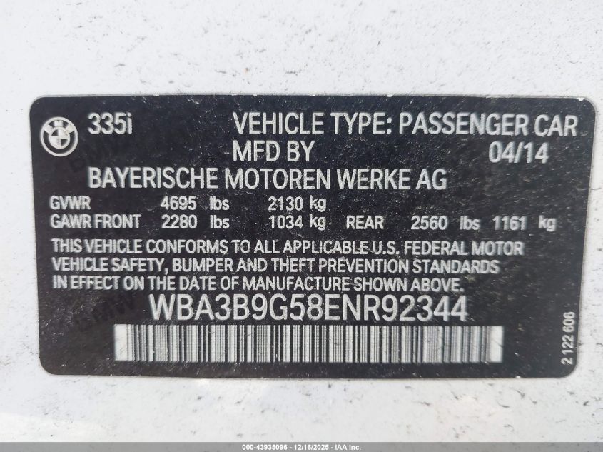 2014 BMW 335I xDrive VIN: WBA3B9G58ENR92344 Lot: 43935096