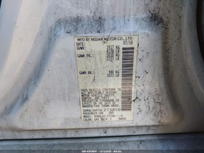 2016 Nissan Altima 2.5 Sr VIN: 1N4AL3AP7GC273850 Lot: 43935097