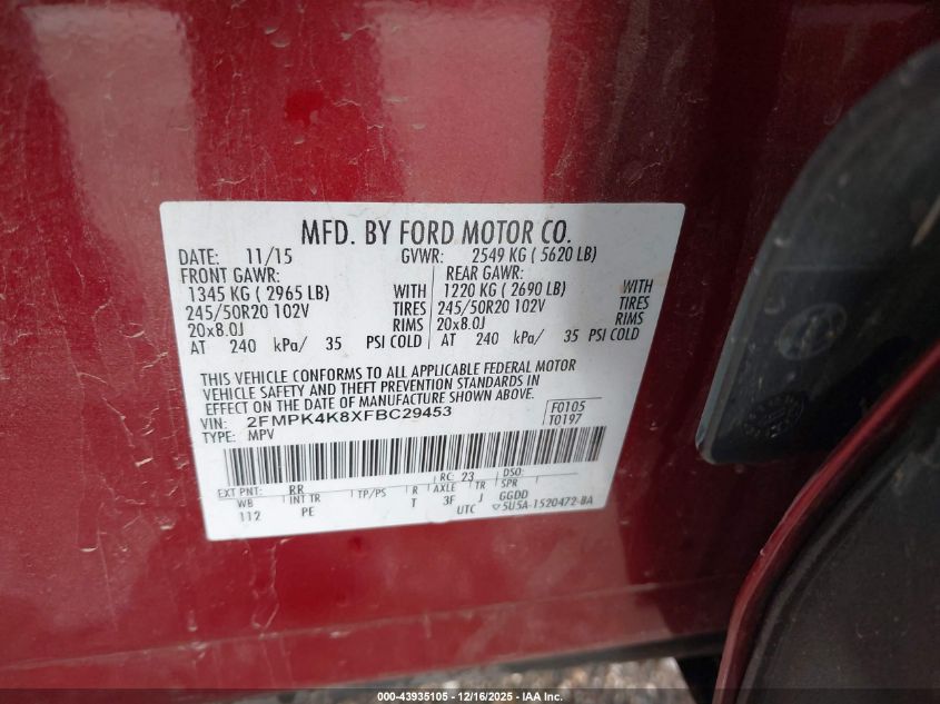 2015 Ford Edge Titanium VIN: 2FMPK4K8XFBC29453 Lot: 43935105