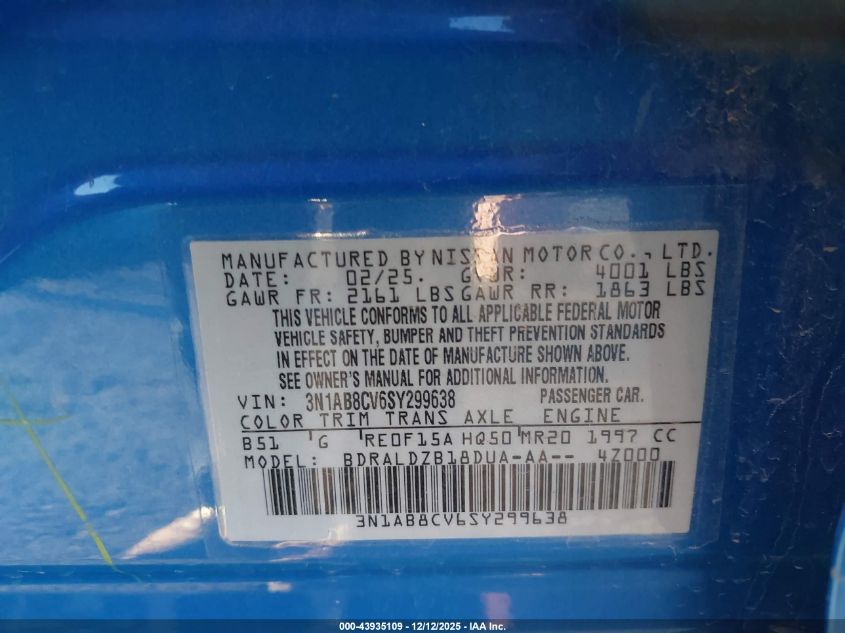 2025 Nissan Sentra Sv VIN: 3N1AB8CV6SY299638 Lot: 43935109