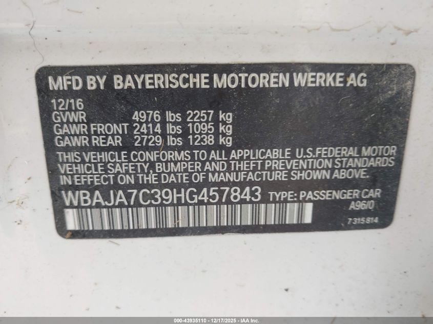 2017 BMW 530I xDrive VIN: WBAJA7C39HG457843 Lot: 43935110