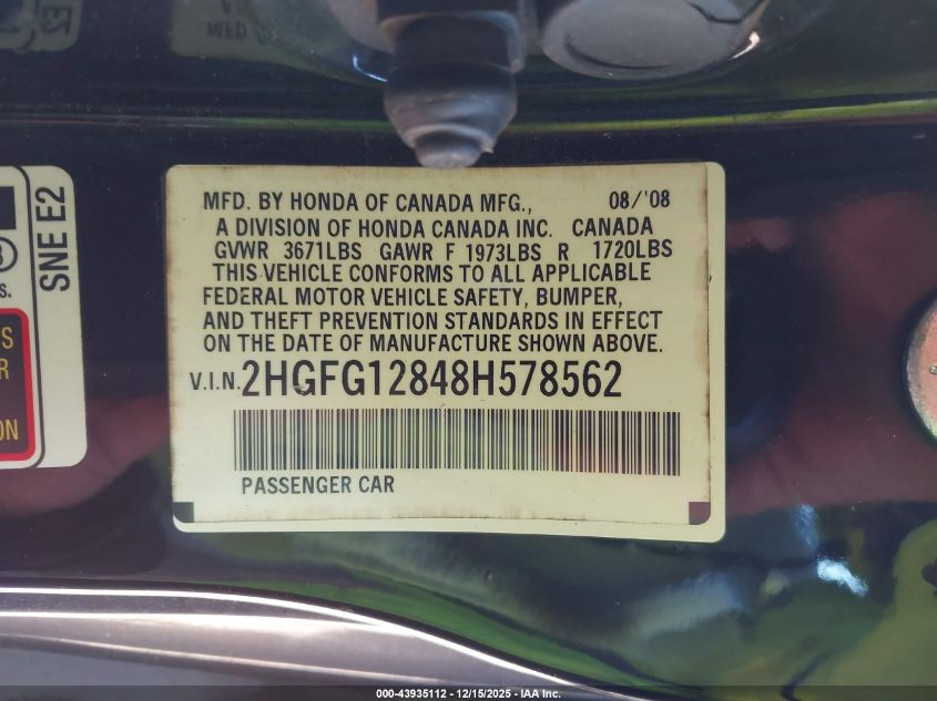 2008 Honda Civic Ex VIN: 2HGFG12848H578562 Lot: 43935112