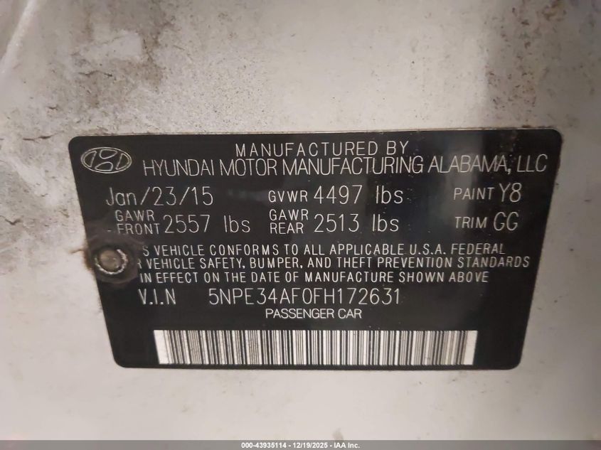 2015 Hyundai Sonata Limited VIN: 5NPE34AF0FH172631 Lot: 43935114