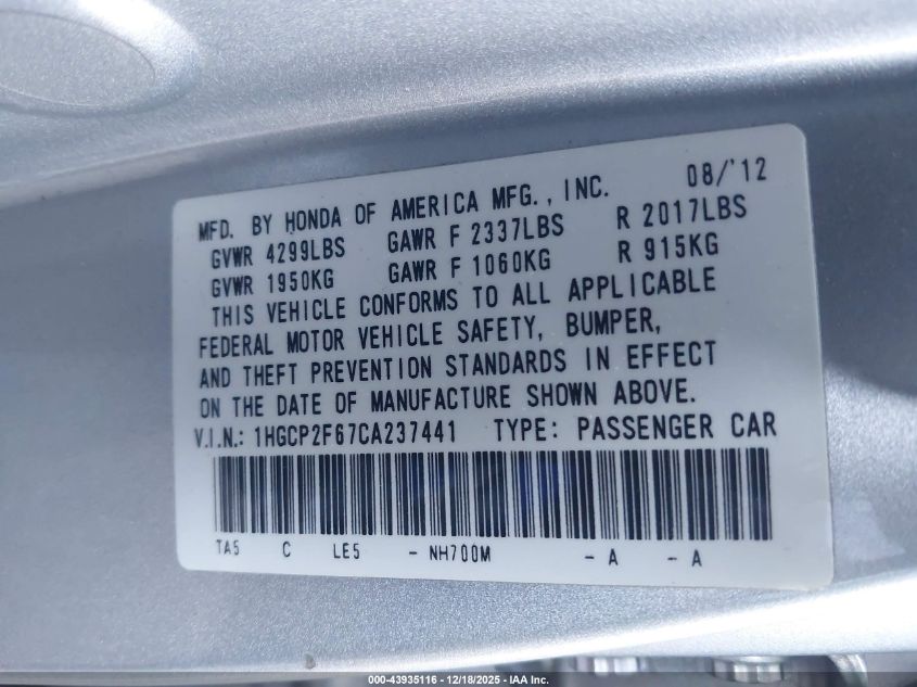 2012 Honda Accord 2.4 Se VIN: 1HGCP2F67CA237441 Lot: 43935116