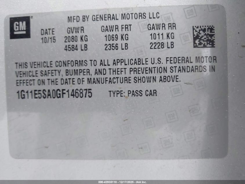 2016 Chevrolet Malibu Limited Ltz VIN: 1G11E5SA0GF146875 Lot: 43935118