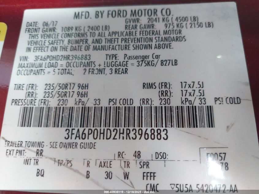 2017 Ford Fusion Se VIN: 3FA6P0HD2HR396883 Lot: 43935119
