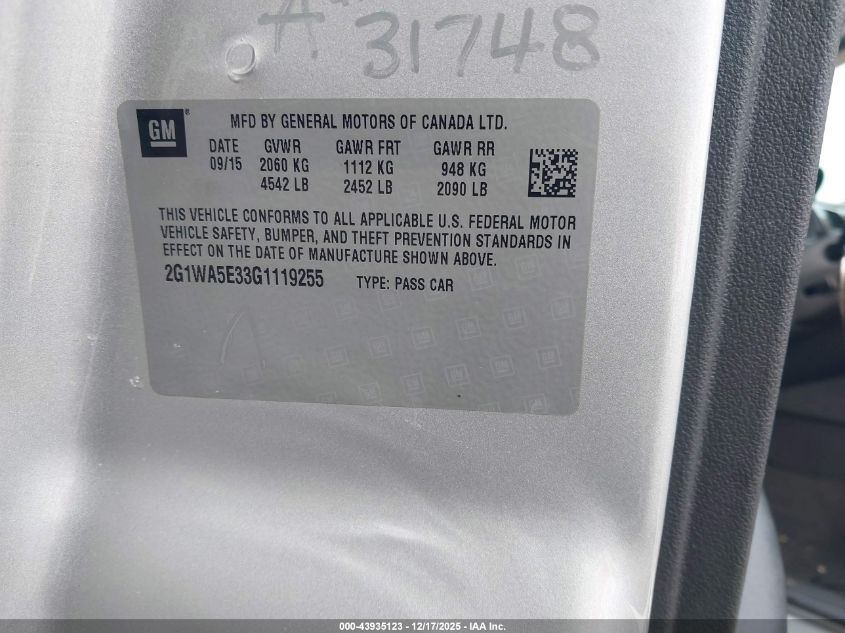 2016 Chevrolet Impala Limited Ls VIN: 2G1WA5E33G1119255 Lot: 43935123