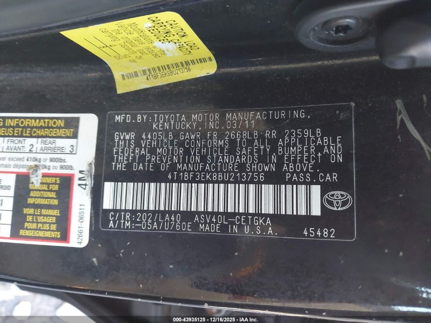 2011 Toyota Camry Xle VIN: 4T1BF3EK8BU213756 Lot: 43935125