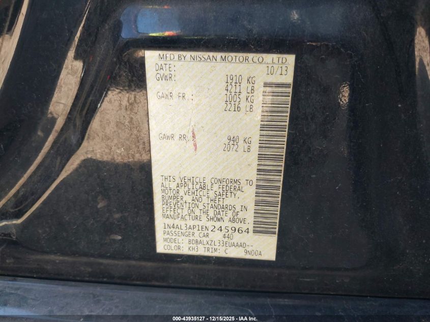 2014 Nissan Altima 2.5 Sl VIN: 1N4AL3AP1EN245964 Lot: 43935127