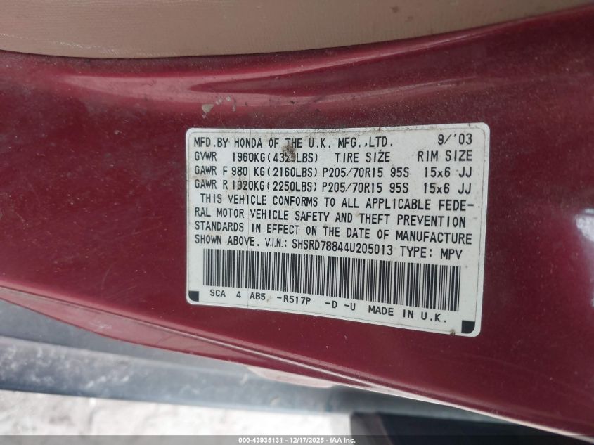 2004 Honda Cr-V Ex VIN: SHSRD78844U205013 Lot: 43935131