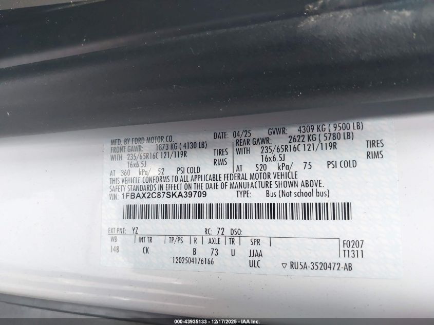 2025 Ford Transit-350 Passenger Van Xlt VIN: 1FBAX2C87SKA39709 Lot: 43935133