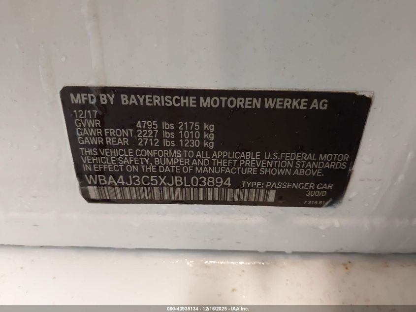 2018 BMW 430I Gran Coupe xDrive VIN: WBA4J3C5XJBL03894 Lot: 43935134