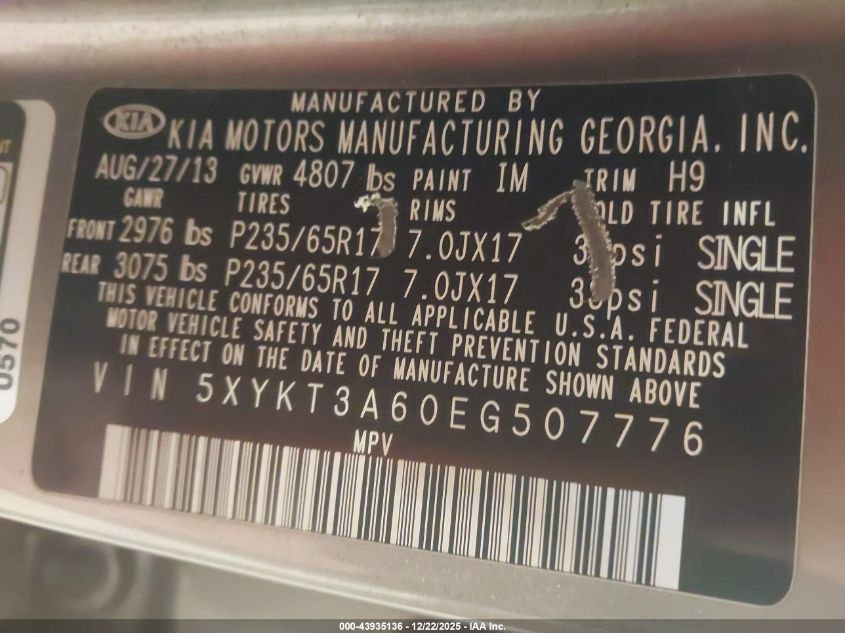 2014 Kia Sorento Lx VIN: 5XYKT3A60EG507776 Lot: 43935136