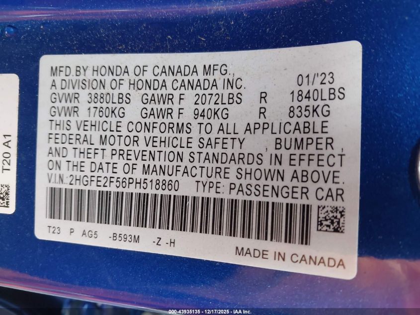2023 Honda Civic Sport VIN: 2HGFE2F56PH518860 Lot: 43935135