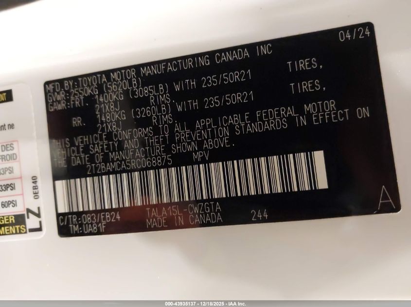 2024 Lexus Rx 350 F Sport Handling VIN: 2T2BAMCA5RC068875 Lot: 43935137