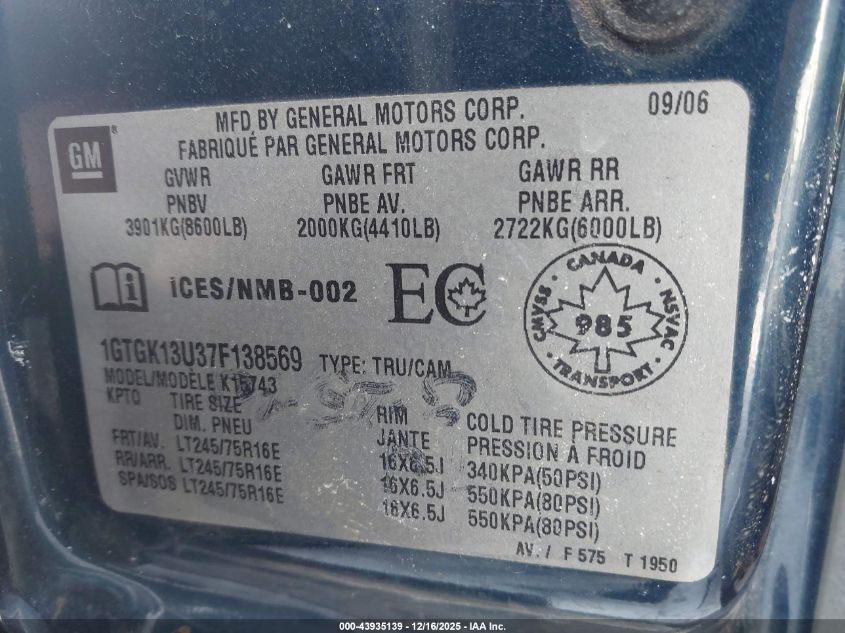 2007 GMC Sierra VIN: 1GTGK13U3SF138569 Lot: 43935139