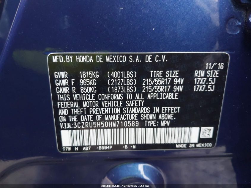 2017 Honda Hr-V Ex VIN: 3CZRU5H50HM710589 Lot: 43935140