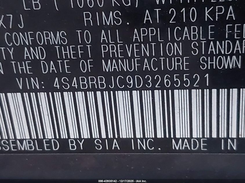 2013 Subaru Outback 2.5I Limited VIN: 4S4BRBJC9D3265521 Lot: 43935142