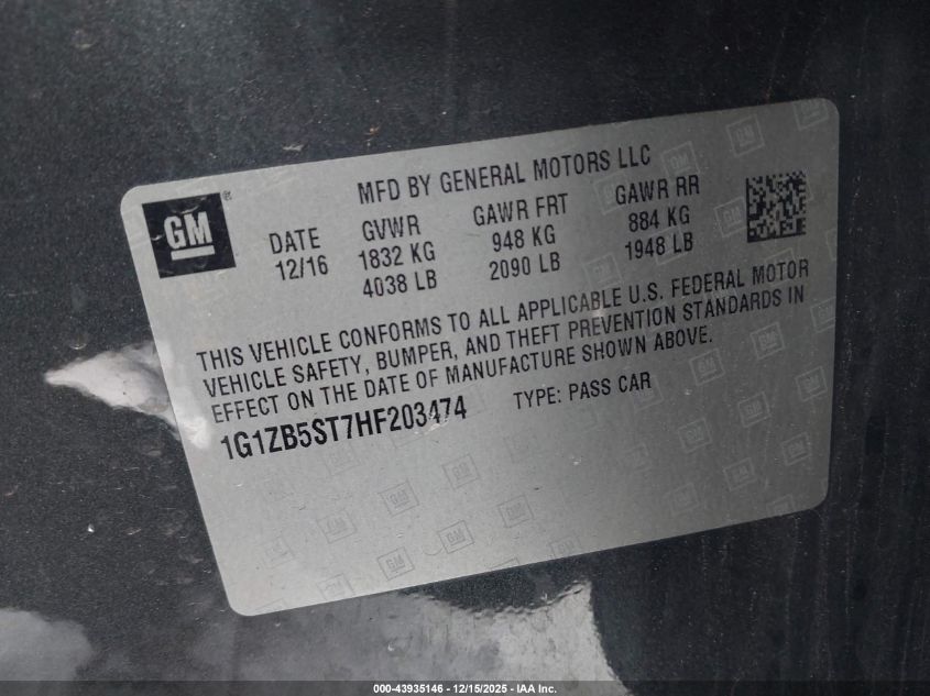 2017 Chevrolet Malibu Ls VIN: 1G1ZB5ST7HF203474 Lot: 43935146