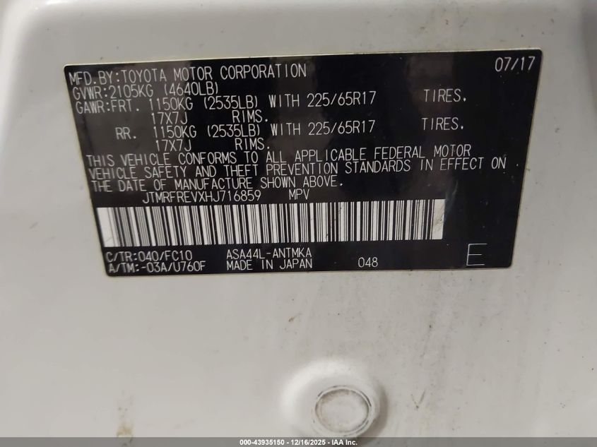 2017 Toyota Rav4 Xle VIN: JTMRFREVXHJ716859 Lot: 43935150