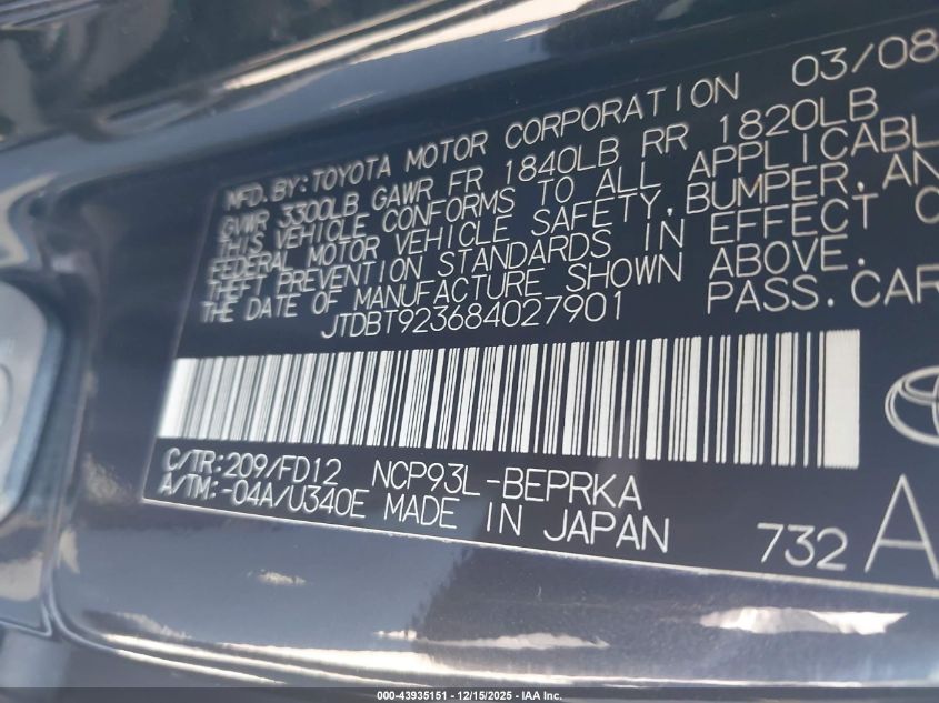 2008 Toyota Yaris VIN: JTDBT923684027901 Lot: 43935151