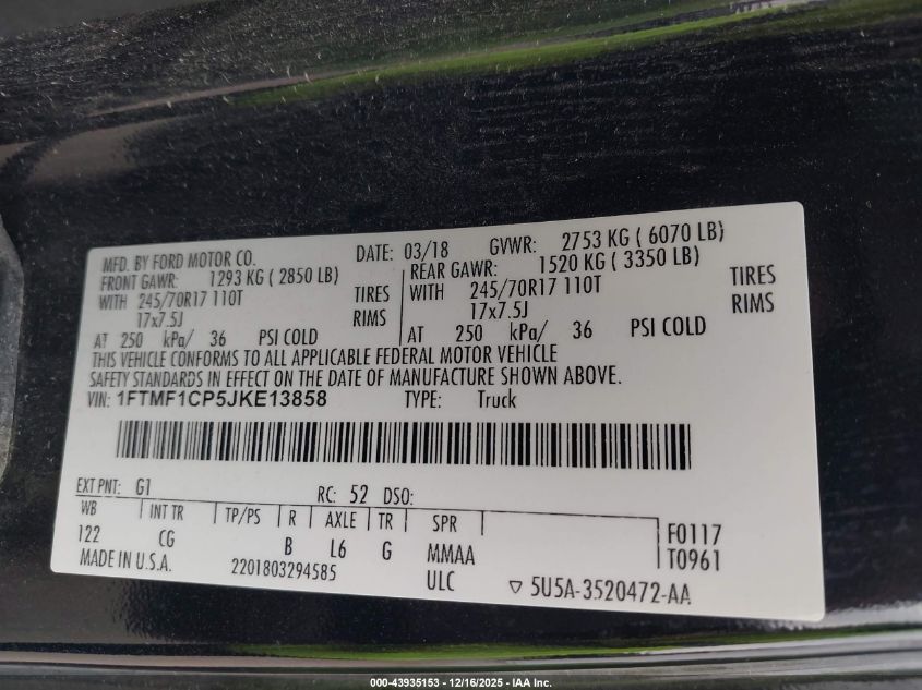 2018 Ford F-150 Xl VIN: 1FTMF1CP5JKE13858 Lot: 43935153