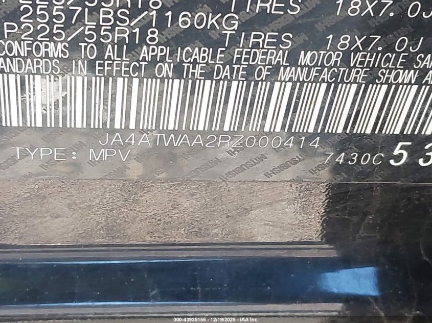 2024 Mitsubishi Eclipse Cross Sel S-Awc VIN: JA4ATWAA2RZ000414 Lot: 43935156