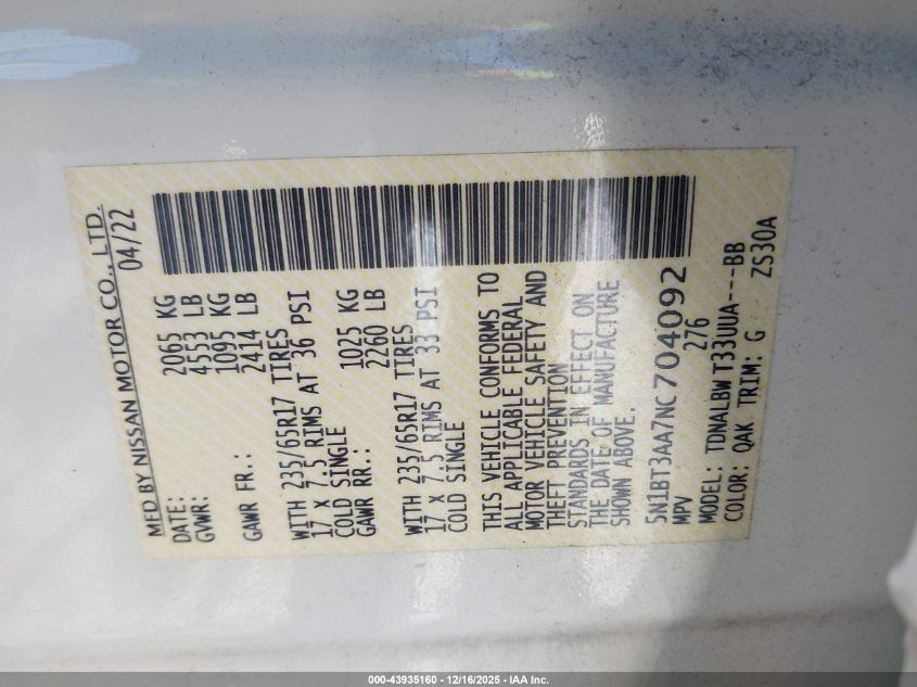 2022 Nissan Rogue S Fwd VIN: 5N1BT3AA7NC704092 Lot: 43935160