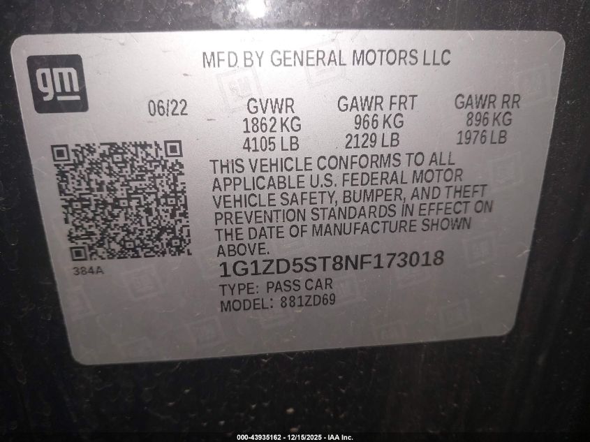 2022 Chevrolet Malibu Fwd Lt VIN: 1G1ZD5ST8NF173018 Lot: 43935162