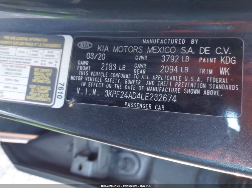 2020 Kia Forte Lxs VIN: 3KPF24AD4LE232674 Lot: 43935170