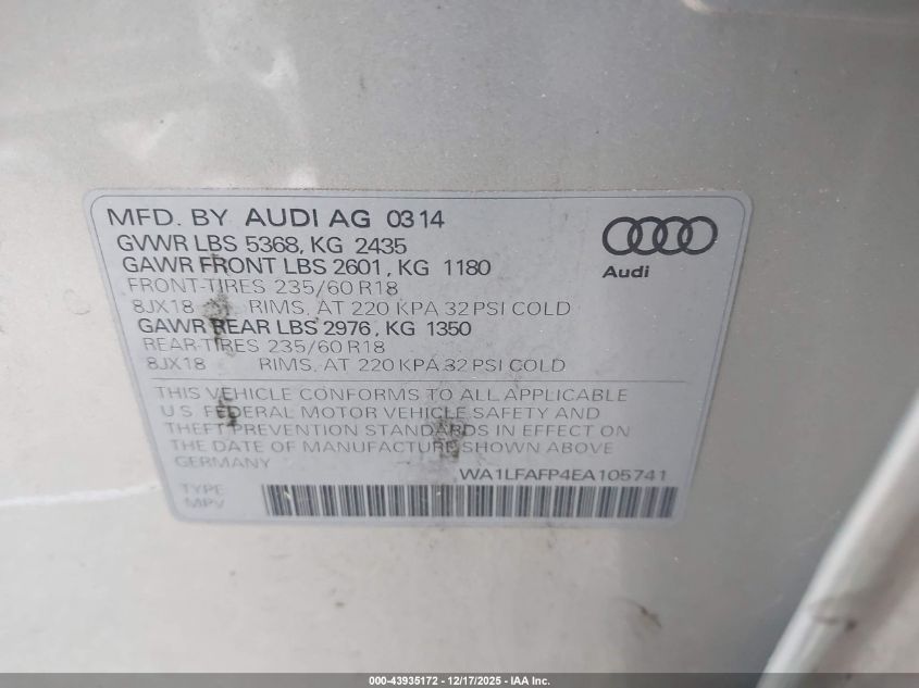 2014 Audi Q5 2.0T Premium VIN: WA1LFAFP4EA105741 Lot: 43935172