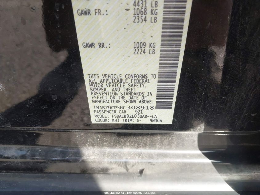 2017 Nissan Leaf S VIN: 1N4BZ0CP5HC308918 Lot: 43935174