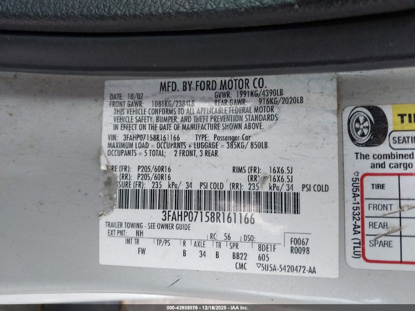 2008 Ford Fusion Se VIN: 3FAHP07158R161166 Lot: 43935176
