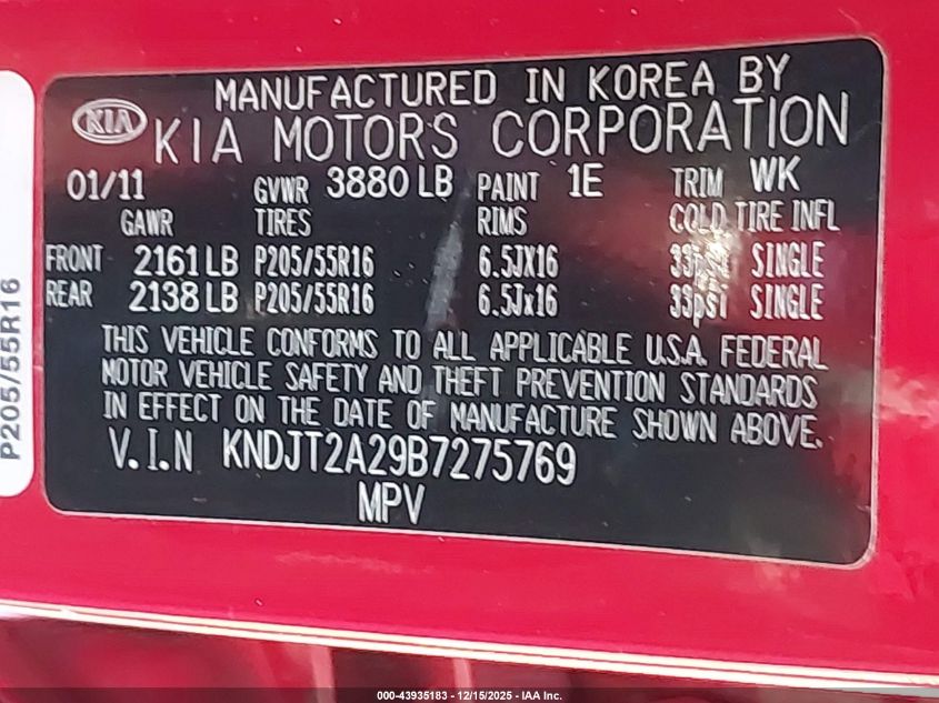 2011 Kia Soul + VIN: KNDJT2A29B7275769 Lot: 43935183