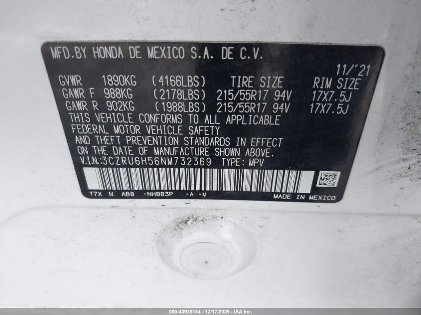 2022 Honda Hr-V Awd Ex VIN: 3CZRU6H56NM732369 Lot: 43935184