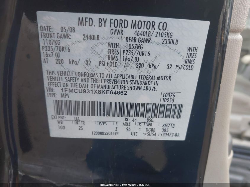 2008 Ford Escape Xlt VIN: 1FMCU931X8KE64662 Lot: 43935186