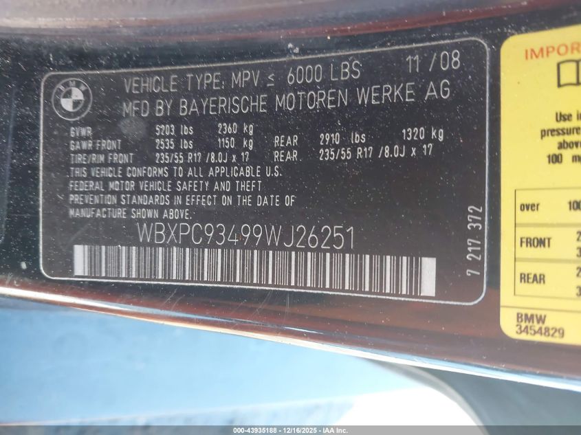 2009 BMW X3 xDrive30I VIN: WBXPC93499WJ26251 Lot: 43935188