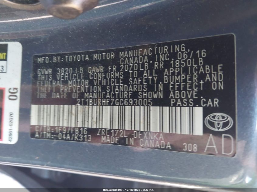 2016 Toyota Corolla Le VIN: 2T1BURHE7GC693005 Lot: 43935190