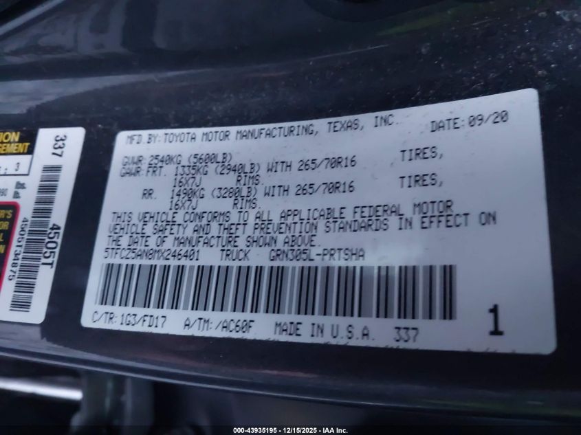 2021 Toyota Tacoma Trd Off-Road VIN: 5TFCZ5AN8MX246401 Lot: 43935195