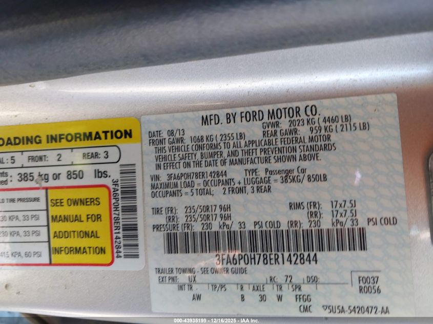 2014 Ford Fusion Se VIN: 3FA6P0H78ER142844 Lot: 43935199