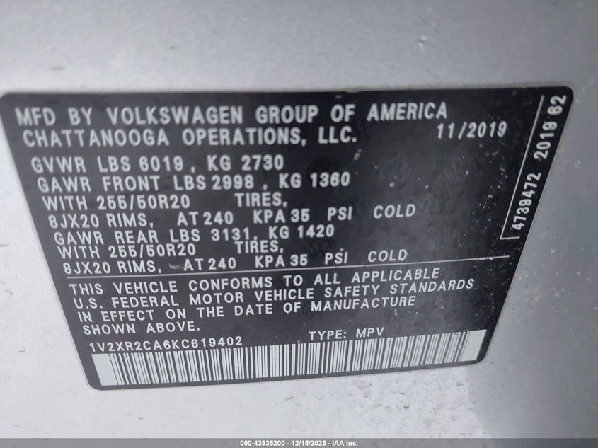 1V2XR2CA6KC619402 2019 VOLKSWAGEN ATLAS photo no. 9