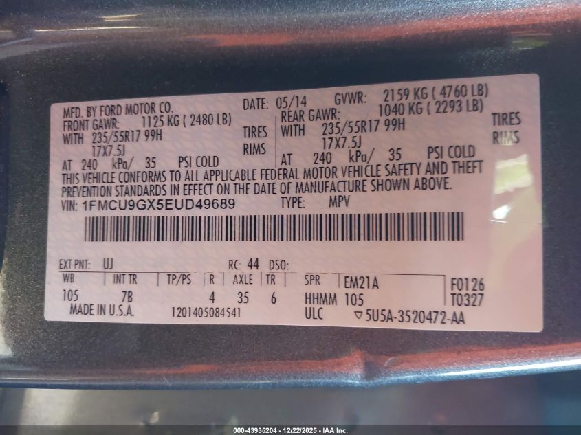 2014 Ford Escape Se VIN: 1FMCU9GX5EUD49689 Lot: 43935204