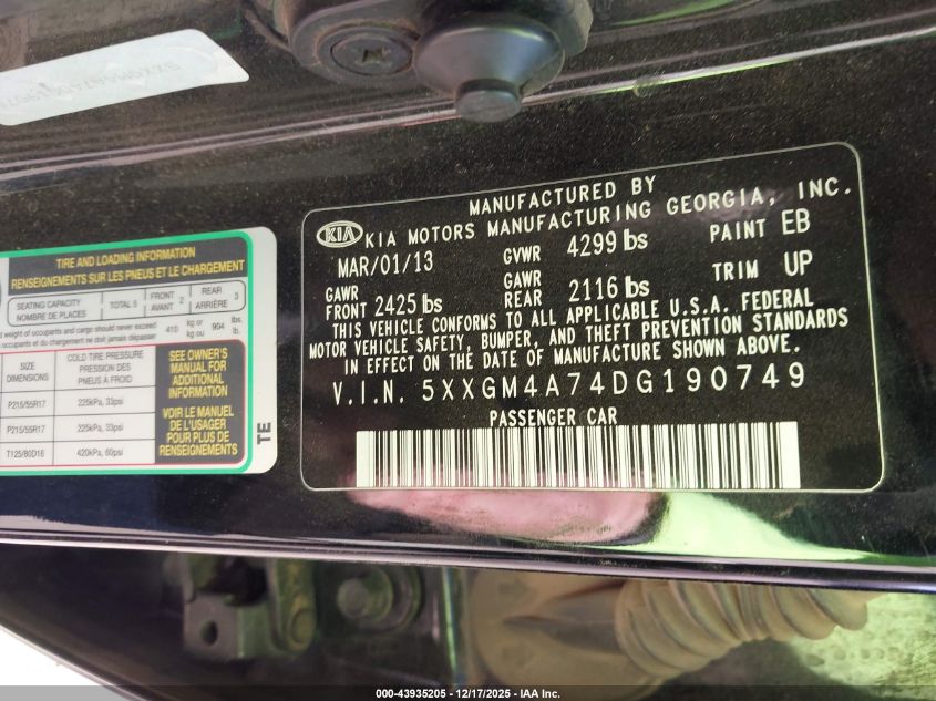 2013 Kia Optima Lx VIN: 5XXGM4A74DG190749 Lot: 43935205