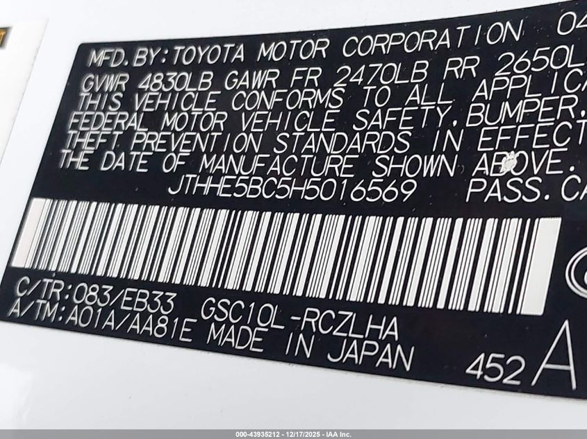 2017 Lexus Rc 350 VIN: JTHHE5BC5H5016569 Lot: 43935212