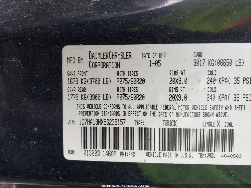 2005 Dodge Ram 1500 Slt/Laramie VIN: 1D7HA18NX5S239157 Lot: 43935213