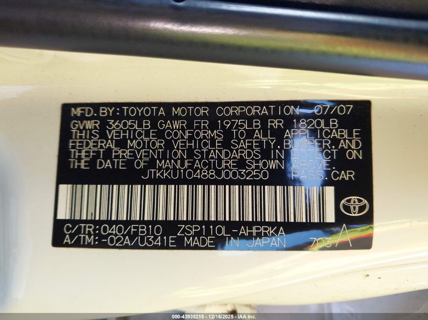 2008 Scion Xd VIN: JTKKU10488J003250 Lot: 43935215