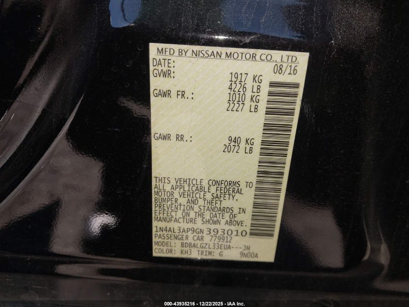 2016 Nissan Altima 2.5 S VIN: 1N4AL3AP9GN393010 Lot: 43935216