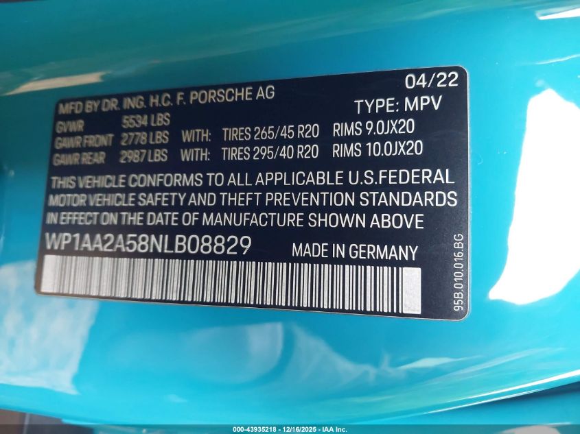 2022 Porsche Macan VIN: WP1AA2A58NLB08829 Lot: 43935218