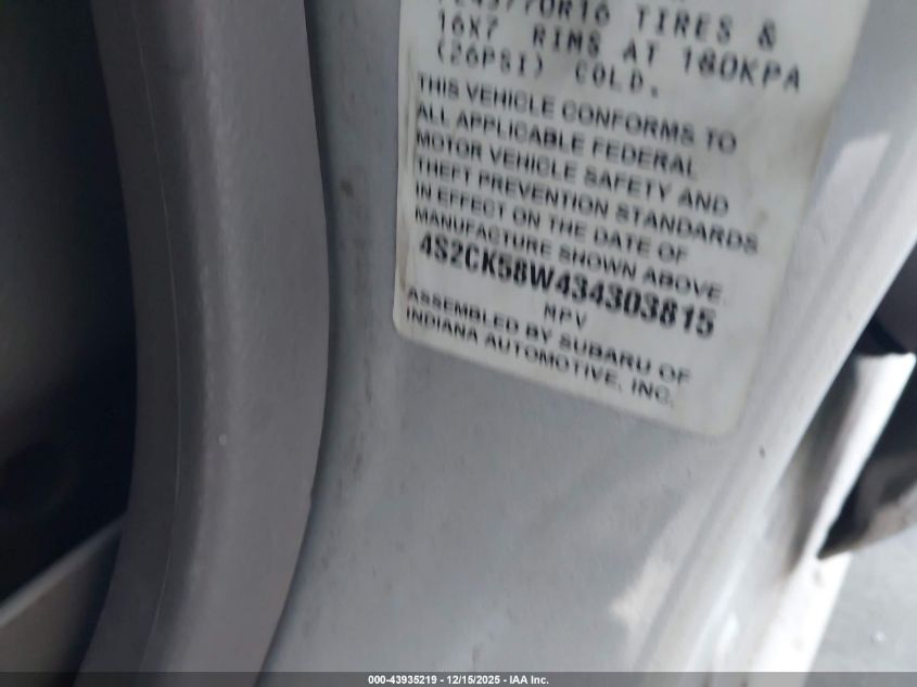 2003 Isuzu Rodeo S 3.2L V6 VIN: 4S2CK58W434303815 Lot: 43935219