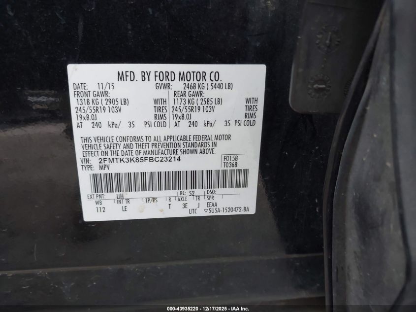 2015 Ford Edge Titanium VIN: 2FMTK3K85FBC23214 Lot: 43935220